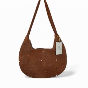 NWT Corder London Brown Suede Shoulder Bag Studded Curve Leather Purse Zip Close
